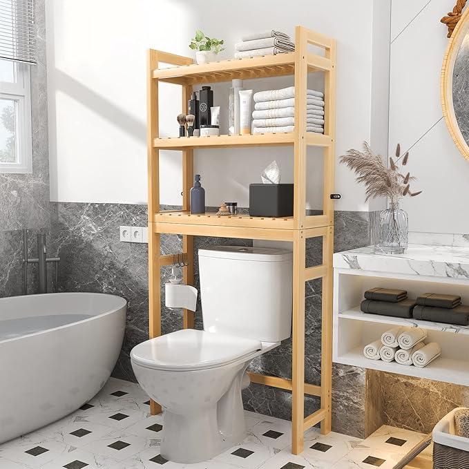Homykic Over The Toilet Storage, 3-Tier Bamboo Bathroom Shelf with 3 Hooks, Above Toilet Organizer Rack Freestanding for Small Space, Restroom, Laundry, Easy Assembly, Natural - ModernBath