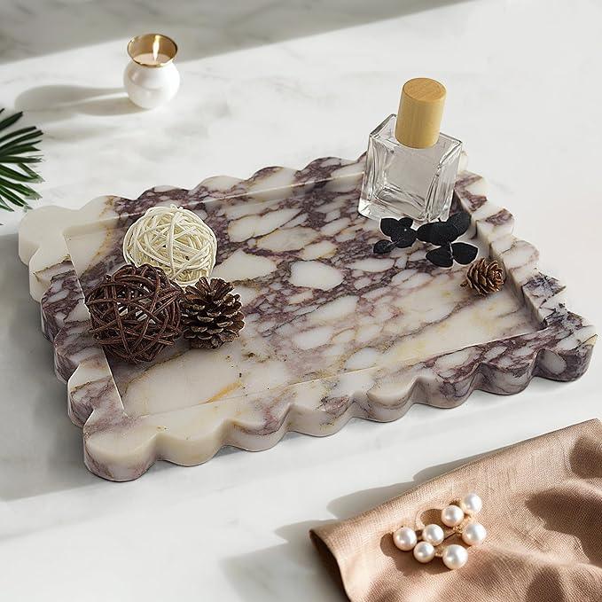 YMXYJM Genuine Calacatta Viola Scalloped Marble Tray, Real Natural Marble Stone Tray, Luxury Decorative Trays for Bathroom, Dresser, Vanity, Kitchen, Home Decor, 10.6" x 8", Calacatta Viola Purple - ModernBath