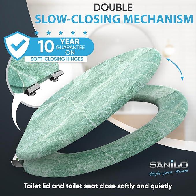 SANILO Wooden Toilet Seat with Soft Close [ELONGATED] - Decorative, Quiet & Slow Close Molded Wood Seat - With Strong Bumpers & Hinges - Adjustable Fit - Marble Green - ModernBath