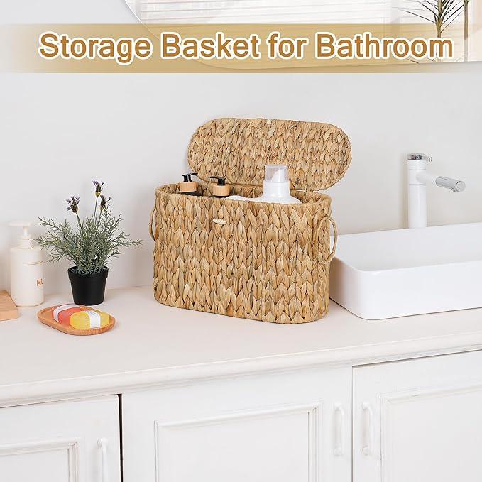 efluky Toilet Paper Storage Basket, Water Hyacinth Slim Toilet Paper Holder with Lid- Holds Up to 9 Mega Rolls, Home Bathroom Decor Organizer - ModernBath