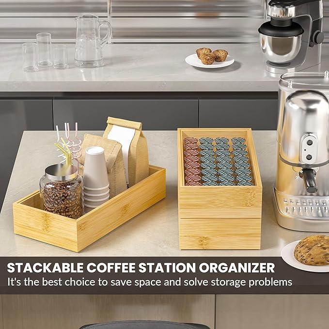 Kitchen Drawer Organizer Bins, Stackable Bamboo Drawer Organizer for Silverware, Flatware, Coffee Pod Organizer K Cup Holder for Countertop, 2 Pcs Coffee Station Organizer 12" x 6" x 2.5" - ModernBath