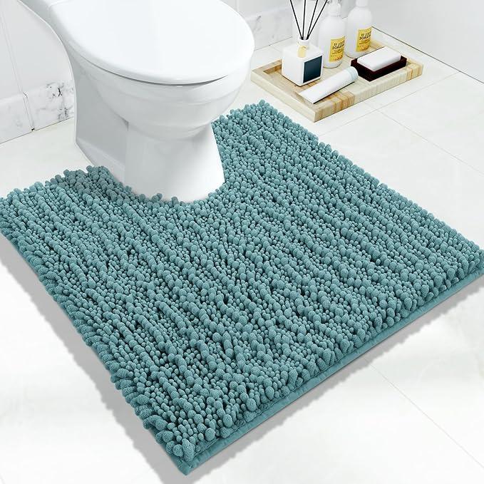 Yimobra Toilet Rug U Shaped Washable 24x24 Inch - Ultra Soft Absorbent Chenille Bath Rugs for Toilet, Quick Dry & Machine Washable, Non Slip Contour Bathroom Mat, Teal Blue - ModernBath