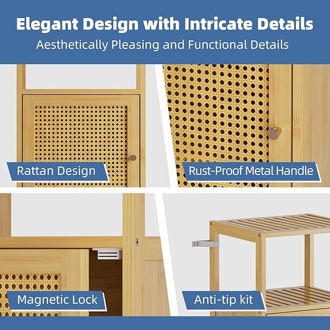 HITNET Rattan Bathroom Storage Cabinet, Small Bamboo Floor Cupboard with Door, Freestanding Narrow Side Organizer for Living Room, Kitchen, Entryway, Natural - ModernBath