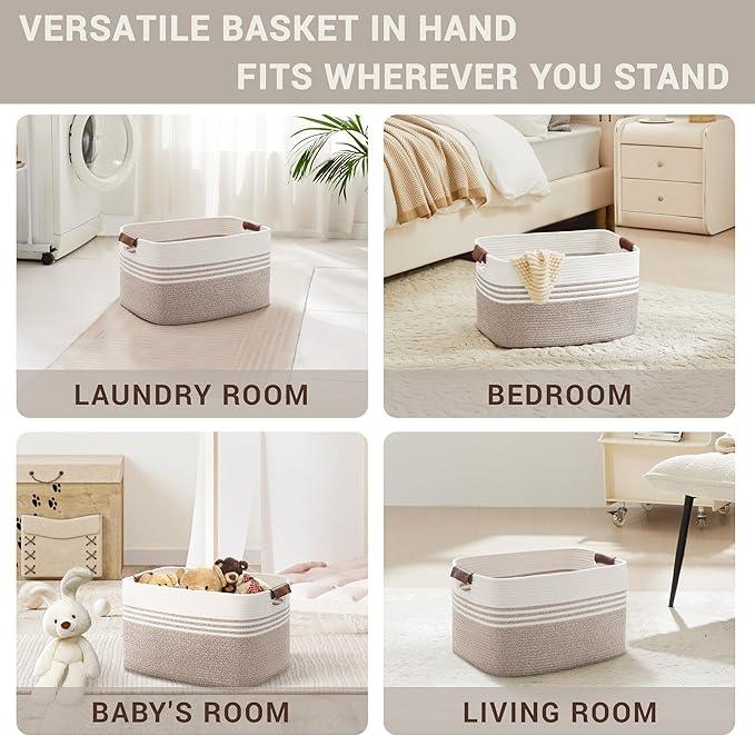 45L Small Laundry Basket with Leather Handles for Living Room Storage, Woven Rope Baskets Bin for Blanket, Kids Toy, Gifts, Wicker Hamper for Bedroom Dirty Clothes, 18"x14"x11" White Brown - ModernBath