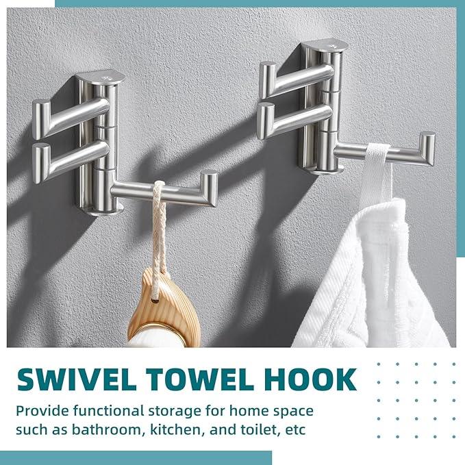 APLusee Swivel Towel Hook 2 Pack Brushed Nickel, 304 Stainless Steel Hook with Three Arms, Wall Mount - ModernBath