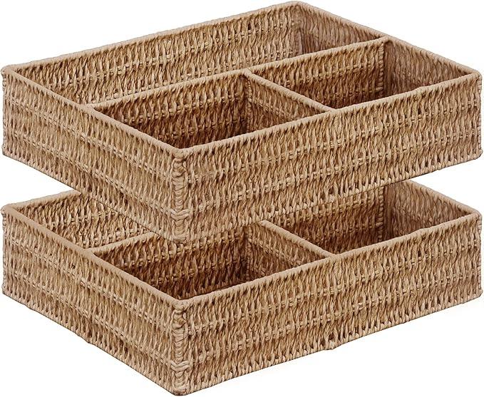 Vagusicc Wicker Divided Storage Basket, Wicker Baskets, Basket for Shelves Drawer Organizing, 3 Section Rectangular Woven Storage Baskets, 2-Pack, Natural - ModernBath