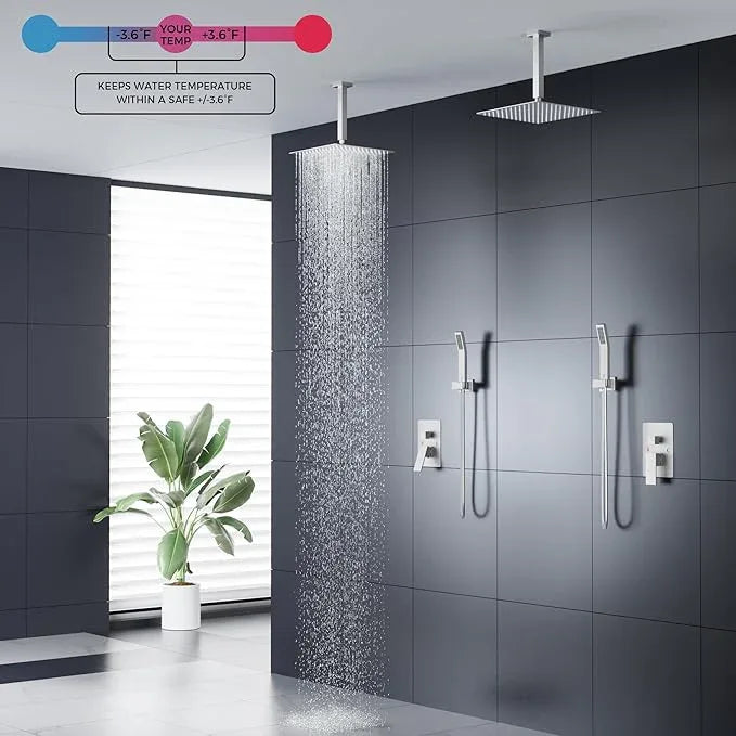 FORIOUS Shower Head System, 10 Inch Rain Shower Faucet Set with Handheld Spray Combo Rough-in Valve, Solid Brass Pressure Balanced Valve Trim Kit, Ceiling Mount, Brushed Nickel - ModernBath