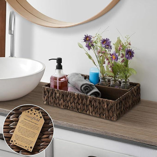 Casafield Set of 2 Bathroom Storage Baskets, Espresso - Water Hyacinth, 15.75" W x 11.25" D x 3.25" H, Woven Toilet Tank Topper Bins for Organizing Tissues, Toilet Paper, Toiletries, Shelves - ModernBath