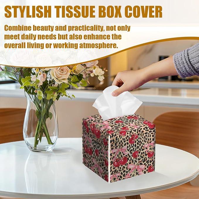 Pink Cherry Bow Tissue Box Cover 2PCS, Leopard Leather Tissue Box Holder Square Facial Paper Case Tissue Box Cube Organizer for Bathroom Bedroom Desk Office - ModernBath