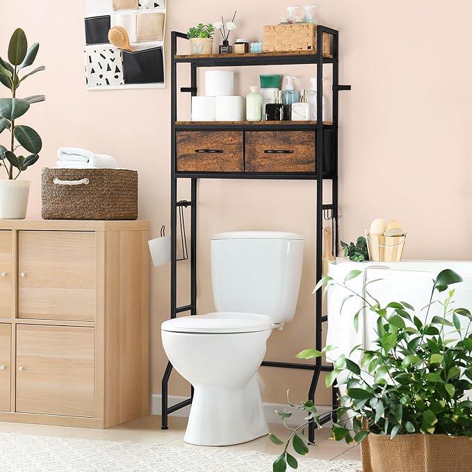 YBING Over The Toilet Bathroom Storage Cabinet for Freestanding, Above Toilet Shelf with Fabric Drawer, Tall Bathroom Shelf Organizer with Toilet Paper Holder, Brown - ModernBath