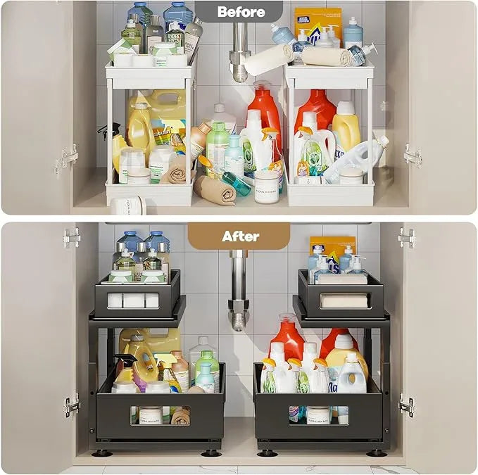 2 Pack Under Sink Organizer with Next-Gen Ball-Bearing Slides,2-Tier Pull Out Cabinet Storage,Height Adjustable Drawer Shelf for Bathroom,Kitchen,Laundry,Cabinet,Pantry(Patent Pending) - ModernBath