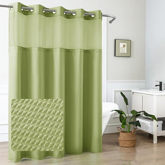 Mrs Awesome No Hook Shower Curtain with Snap-in Liner, Embossed Waffle Design Fabric Shower Curtain for Bathroom, Soft & Lightweight, 71x74, Sage Green - ModernBath