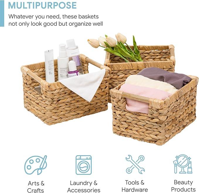 Small Wicker Baskets for Organizing Bathroom, Hyacinth Baskets for Storage, Wicker Storage Basket with Wooden Handle, Decorative Small Basket 10 x 7.5 x 6.3 inches - 3 Pack - ModernBath