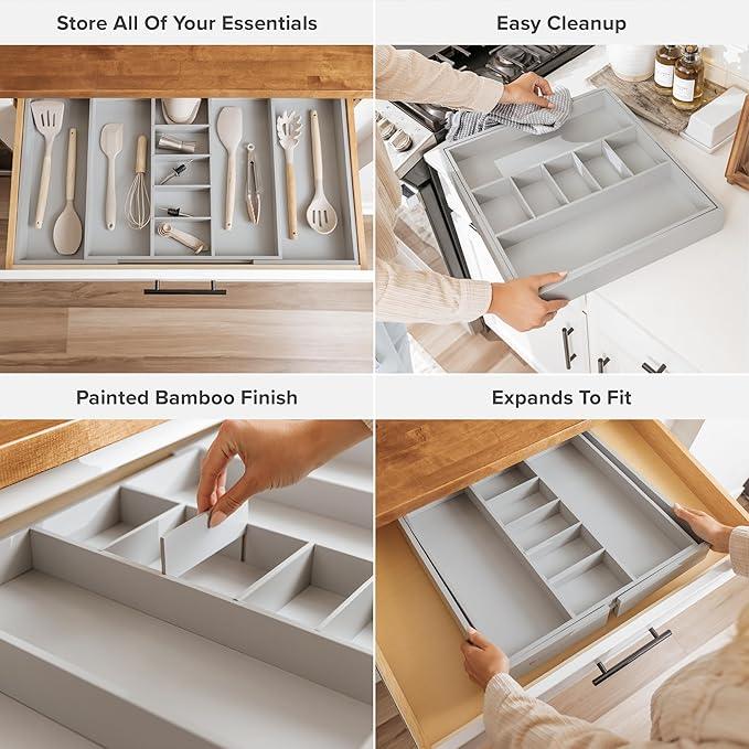 KitchenEdge Adjustable Kitchen Drawer Organizer for Utensils and Junk, Food-Safe Contract Grade with 100% Sustainable Wood, Expandable from 19 to 33 Inches Wide - Gray Bamboo - ModernBath