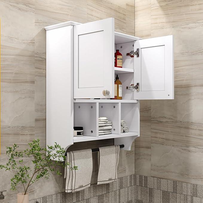 Bathroom Medicine Cabinet, Bathroom Cabinet Wall Mounted Over-The-Toilet with Towel Bar, 2 Doors & 3 Open Shelves, White - ModernBath