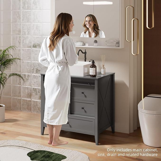 VNN Bathroom Vanity with Sink - 36 Inch Bathroom Vanity with Sink Ceramic, Freestanding Cabinet with Farmhouse Sliding Barn Door and 3 Drawers, Space-Saving Storage Cabinet, Grey - ModernBath