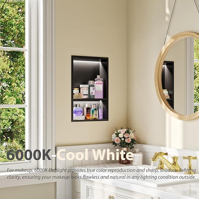 Stainless Steel Shower Niche 12" X 18", No Tile Needed Wall Niche with 3 Selectable Color Temperatures Led Light, Recessed Shower Shelf for Bathroom Storage Over Mount Installation, Matte Black - ModernBath