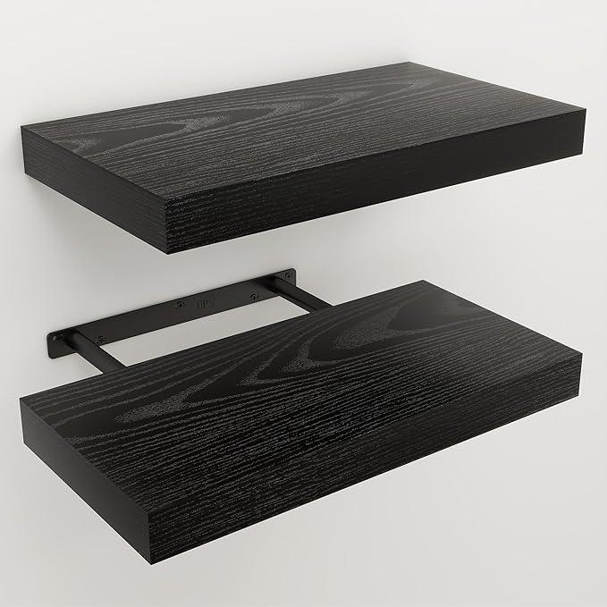 Floating Shelves for Wall, Wall Mounted Rustic Wood Shelves for Bathroom, Bedroom, Living Room, Kitchen, Hanging Shelf for Books/Storage/Room Decor (Black, 16") - ModernBath