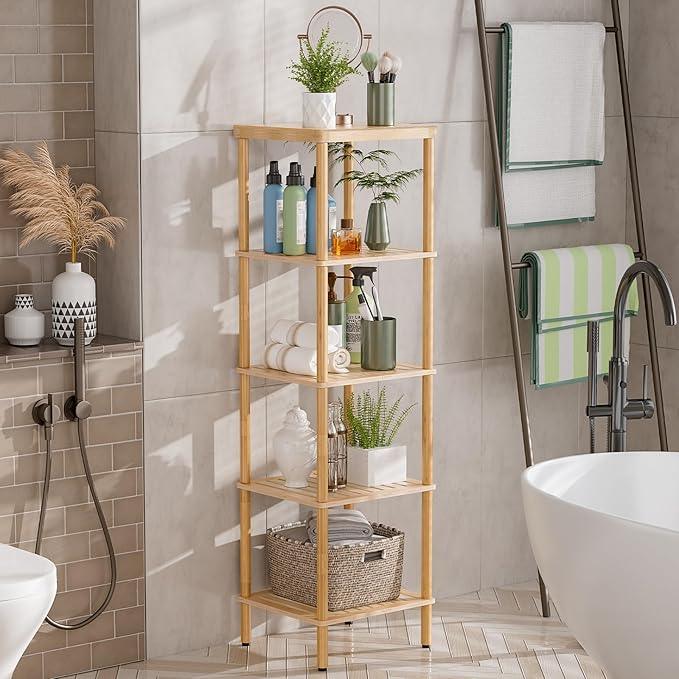 AmazerBath 5-Tier Bamboo Bathroom Shelf, Bathroom Standing Shelves, Multifunctional Shelving Unit for Living Room Bedroom Kitchen, Natural Color - ModernBath