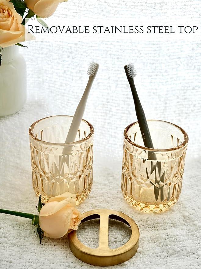 LaMarriti Clear Gold Bathroom Accessorries Set, 5Pcs Glass Bathroom Accessories, Lotion Soap Dispenser, Toothbrush Holder Set, Soap Dish, Tumbler, Qtips Holder for Bathroom Vanity Decor, Yellow Gold - ModernBath
