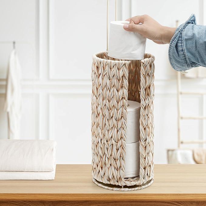 Stand Toilet Paper Storage with Lid Spare Extra 3 Rolls of Tissue Holder Free Standing Beige Wciker Toilet Paper Organizer Basket for Bathroom (Beige Color) - ModernBath