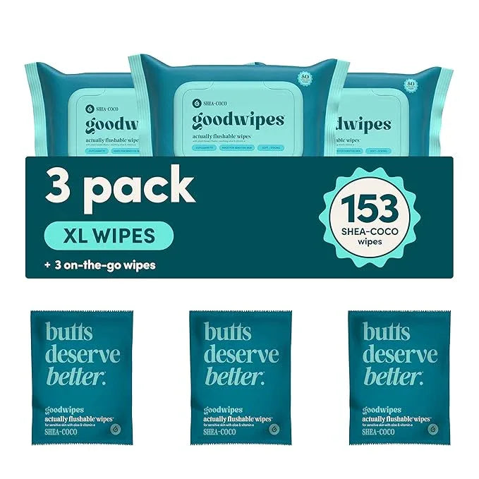 goodwipes Flushable Butt Wipes - Vitamin E & Aloe - Sewer & Septic Safe - Extra Large Adult Wet Wipes For Women & Men - Bathroom Essentials - Shea-Coco, 153 Count (3 Packs + 3 Individually Wrapped) - ModernBath