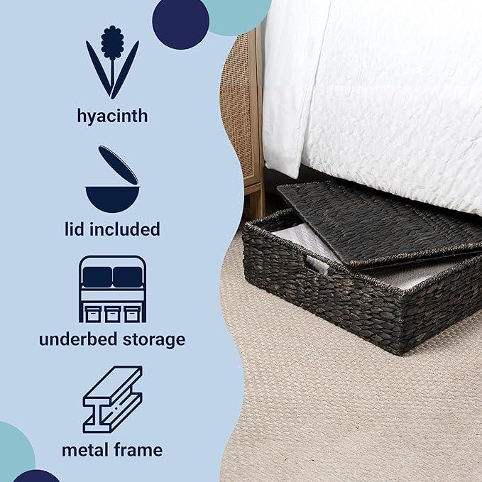 happimess BSK2015C Holden 30" Classic Costal Hand-Woven Hyacinth Wicker Under Bed Storage Basket with for Storage and Decoration in Bathroom, Bedroom, Closet, Entryway, Black - ModernBath