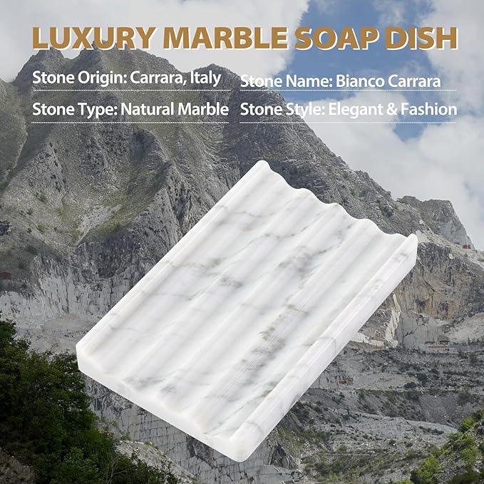 2PCS Koville Italian Natural Marble Soap Dish for Shower, Stone Soap Tray for Bathroom, Bar Soap Holder for Sink, Stripe Grooves Saver Keep Bars Dry Easy Clean (Bianco Carrara) - ModernBath