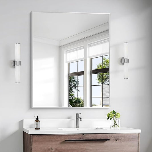 BONEWEI Silver Bathroom Mirror,30x36 inch Wall Mirror for Bathroom Wall Mounted,Rectangle Mirror for Bathroom Over Sink,Modern Metal Frame for Living Room,Bedroom Entryway,Horizontal/Vertical
