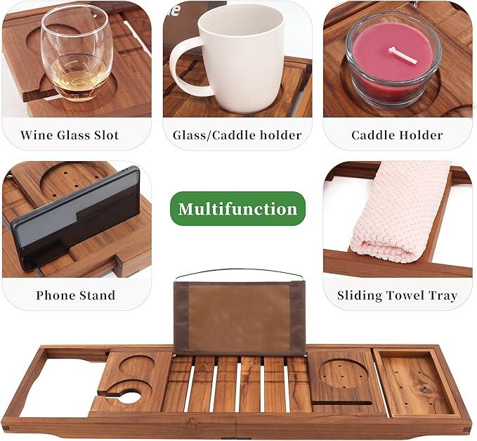 VaeFae Premium Teak Bathtub Tray, Expandable Wooden Bath Tray for Tub, Luxury Bathtub & Bathroom Accessories, Great House Warming, Anniversary & Wedding and Birthday Gifts (Free Teak Body Brush) - ModernBath