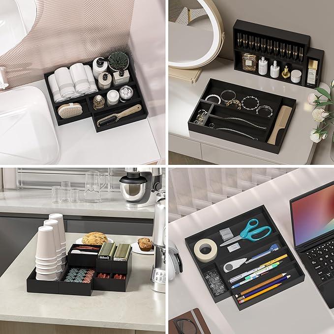 Kitchen Drawer Organizer Bins, Stackable Bamboo Drawer Organizer for Silverware, 2 Pcs Toilet Paper Basket Holder, Wood Bathroom Tray Countertop, Toilet Tank Tray Black 15" x 6" x 2.5" - ModernBath