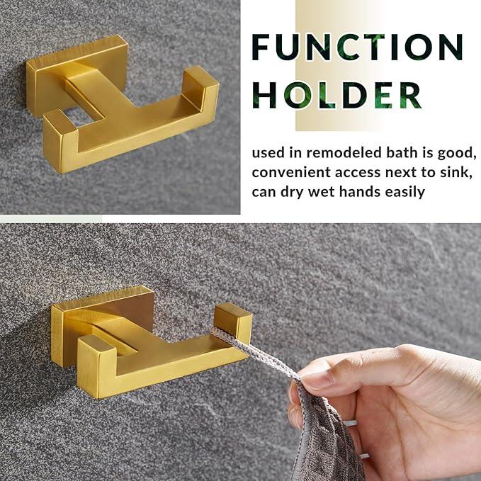 APLusee Double Robe Towel Hook Brushed Gold, 304 Stainless Steel Bathroom Hand Towel Holder, Clothes Wall Hanger for Toilet Kitchen Cabinet - ModernBath