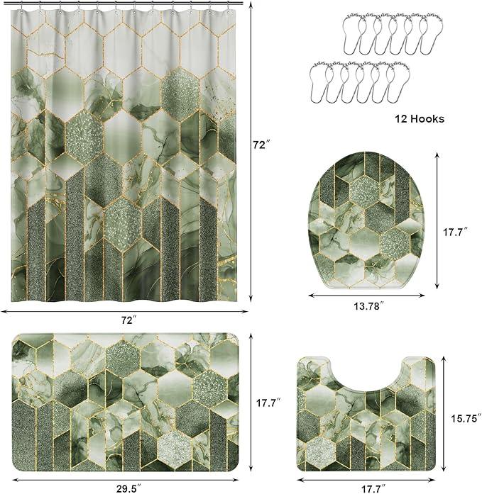 XLHOMO Bathroom Sets with Shower Curtain and Rugs - 4PC Sage Green Geometric Shower Curtain Set with 12 Hooks, Toilet Cover, U-Shaped Mat and Rugs Modern Abstract Bathroom Accessories for Bathroom - ModernBath