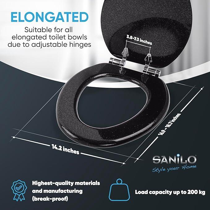 SANILO Wooden Toilet Seat with Soft Close [ELONGATED] - Decorative, Quiet & Slow Close Molded Wood Seat - With Strong Bumpers & Hinges - Adjustable Fit - Glittering Black - ModernBath