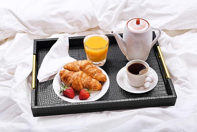 ATZYmolin 17" x 12" Wood Serving Tray with Gold Polished Metal Handles, Home Decorative Wooden Rectangle Ottoman Leather Decor Platter Bathroom Vanity Tray for All Occasions Alligator Black - ModernBath