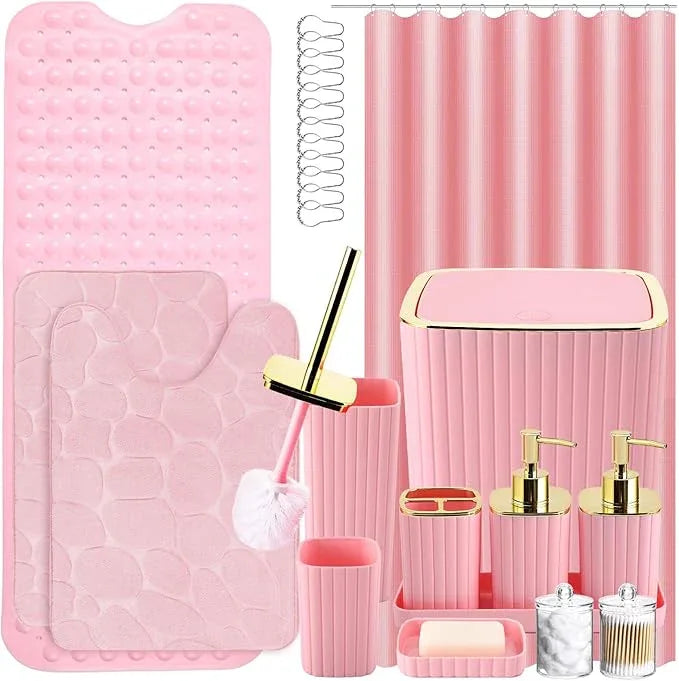 XLHOMO 26PC Bathroom Accessories Set - Gorgeous Pink Bathroom Set, Bathroom Accessory Set, Pink Shower Curtain Set with Bathtub Mats for Shower Tub - ModernBath