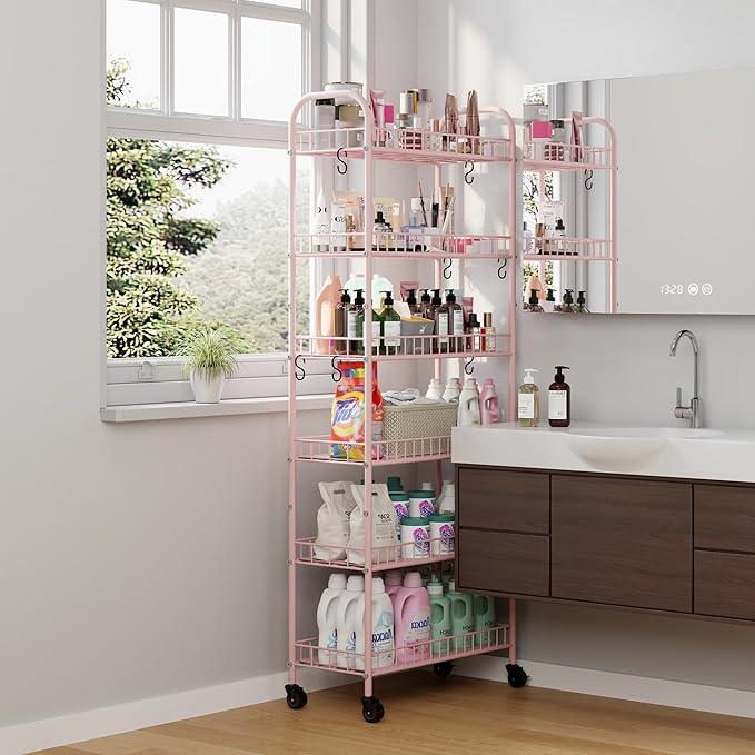 6 Tier Slim Rolling Storage Cart with Wheels, Metal Mobile Shelving Unit Organizer Utility Cart for Office Bathroom Kitchen Laundry Room Narrow Places (Pink 10 Inches) - ModernBath