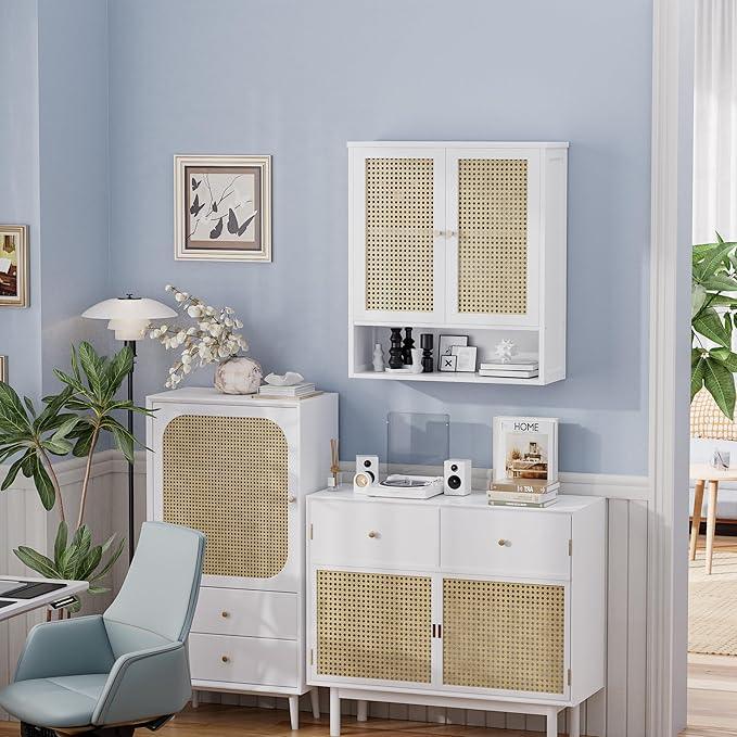 Bathroom Wall Cabinet, Bamboo Over-The-Toilet Storage Organizer with 2 Rattan Doors and Adjustable Shelf, Space Saver Medicine Cabinet for Laundry, Kitchen, Living Room (White) - ModernBath