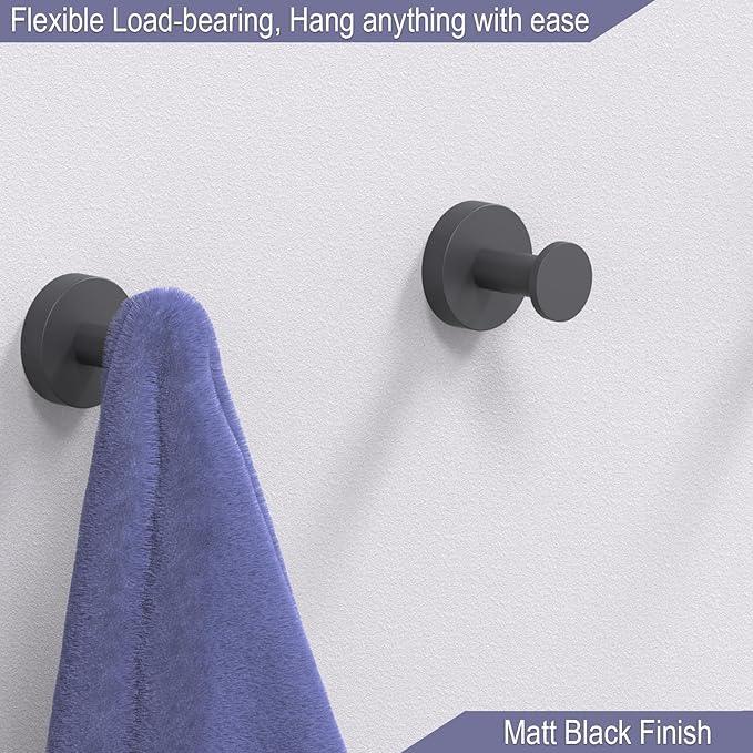 Epock Towel Hooks for Bathrooms Screw-in Stainless Steel Robe Coat Clothes Hook Bathroom & Kitchen Round Style Wall Hooks Rustproof 3 Packs -Matt Black - ModernBath
