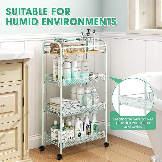 TOOLF 4-Tier Rolling Cart, Metal Utility Cart, Slide Out Storage Cart with Wooden Tabletop and Mesh Baskets for Narrow Space on Kitchen Bathroom Laundry Room Bedroom Apartments Dormitory (Green, Wide) - ModernBath