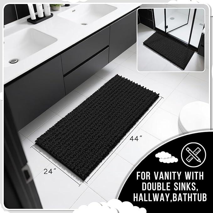 Yimobra Long Bathroom Rugs Non Slip Washable 44x24 Inch - Ultra Soft Absorbent Chenille Bath Mat, Quick Dry Shaggy Floor Carpet for Tub Shower, Black Home Decor Accessories - ModernBath