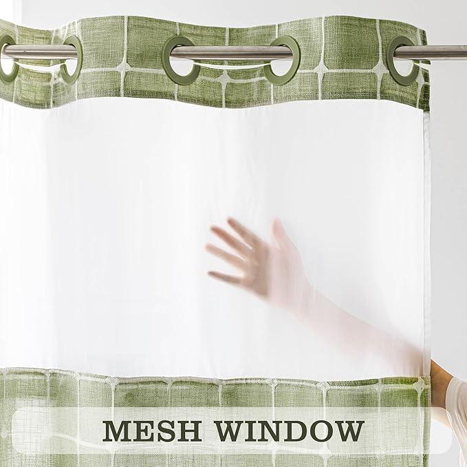 River Dream Sage Green Farmhouse Shower Curtain with Snap-in Liner, No Hooks Needed,with Window, with Magnets,with Tassels,Water Repellent&Machine Washable,71x74Inch - ModernBath