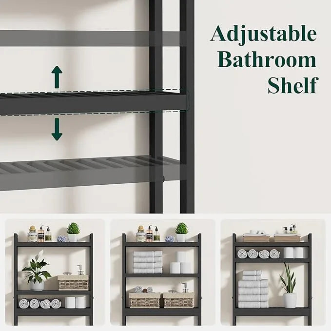 Smiry Over The Toilet Storage Cabinet, 3-Tier Bamboo Bathroom Organizers with Adjustable Shelf & 4 Hooks, Space Saving Shelf Rack for Bathrooms, Laundry Room, Balcony, Black - ModernBath