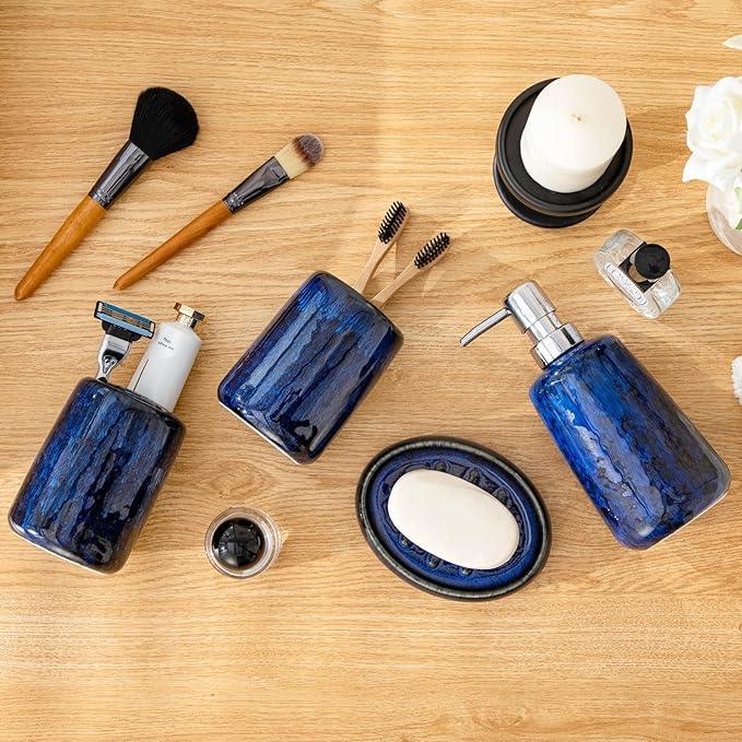 vancasso Blue Bathroom Accessories Set, Ceramic Soap Dispenser and Toothbrush Holder Sets, Stoneware 4 Pcs Bathroom Sink Set for Modern Home Decor, Series Starry - ModernBath