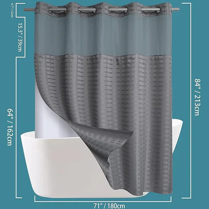 Conbo Mio Extra Long No Hook Shower Curtain with Snap in Liner Set, Hotel Luxury Grey Shower Curtains for Bathroom with See Through Top Window, Waterproof, Washable 71W x 84H - ModernBath