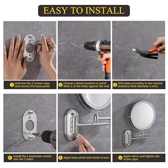 FUNTOUCH Rechargeable Wall Mounted Makeup Mirror with Lights,5000mAh Double Sided 3X/20X Magnifying,3 Color Lights,Touch Dimmable, Extended Arm 360 Rotation Lighted Bathroom Mirror with Magnification - ModernBath