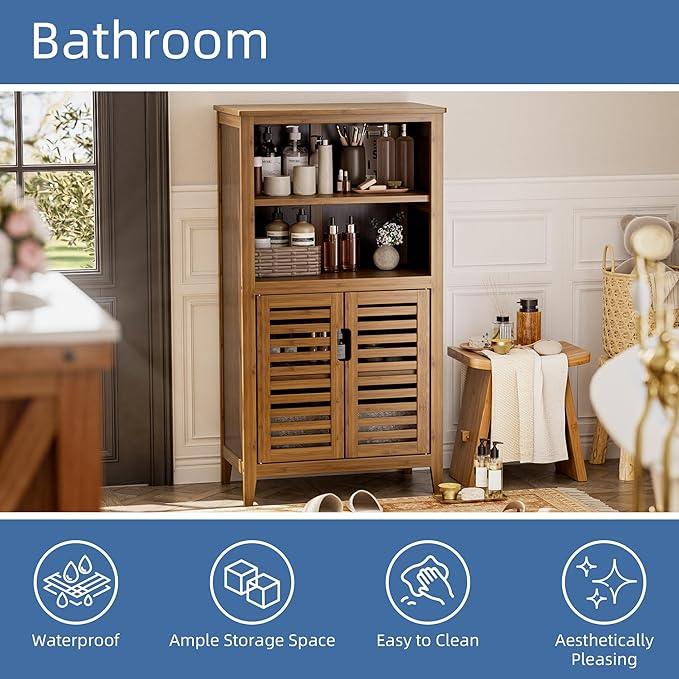 HITNET Walnut Bathroom Floor Cabinet, Bamboo Side Tall Storage Organizer, Freestanding Kitchen Cupboard with Door and Removable Shelf - ModernBath