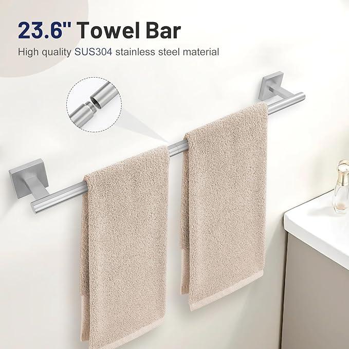 Brushed Nickel Bathroom Hardware Set, 5-Piece Bath Towel Bar Set with 23.6” Towel Bar, Towel Ring, Toilet Paper Holder, Two Hooks, SUS304 Towel Racks for Bathroom Wall Mounted - ModernBath