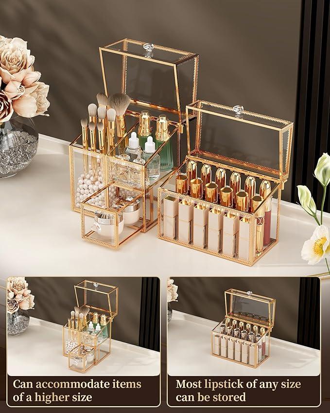 CoralHouse Glass Makeup Organizer Set – Vanity Organizer with 18-Slot Lipstick Organizer & Makeup Brush Holder with Lid – Skincare, Perfume & Cosmetic Storage for Bathroom or Dresser - ModernBath