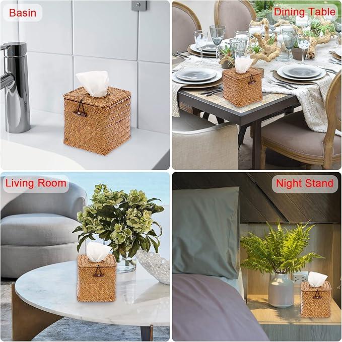 Sumnacon Tissue Box Cover Square Seagrass Tissue Box with Lid, Woven Tissue Box Holder Rustic Cube Tissue Cover for Bathroom Toilet Bedroom Living Room Kitchen Table Desk Office Car, Caramel - ModernBath